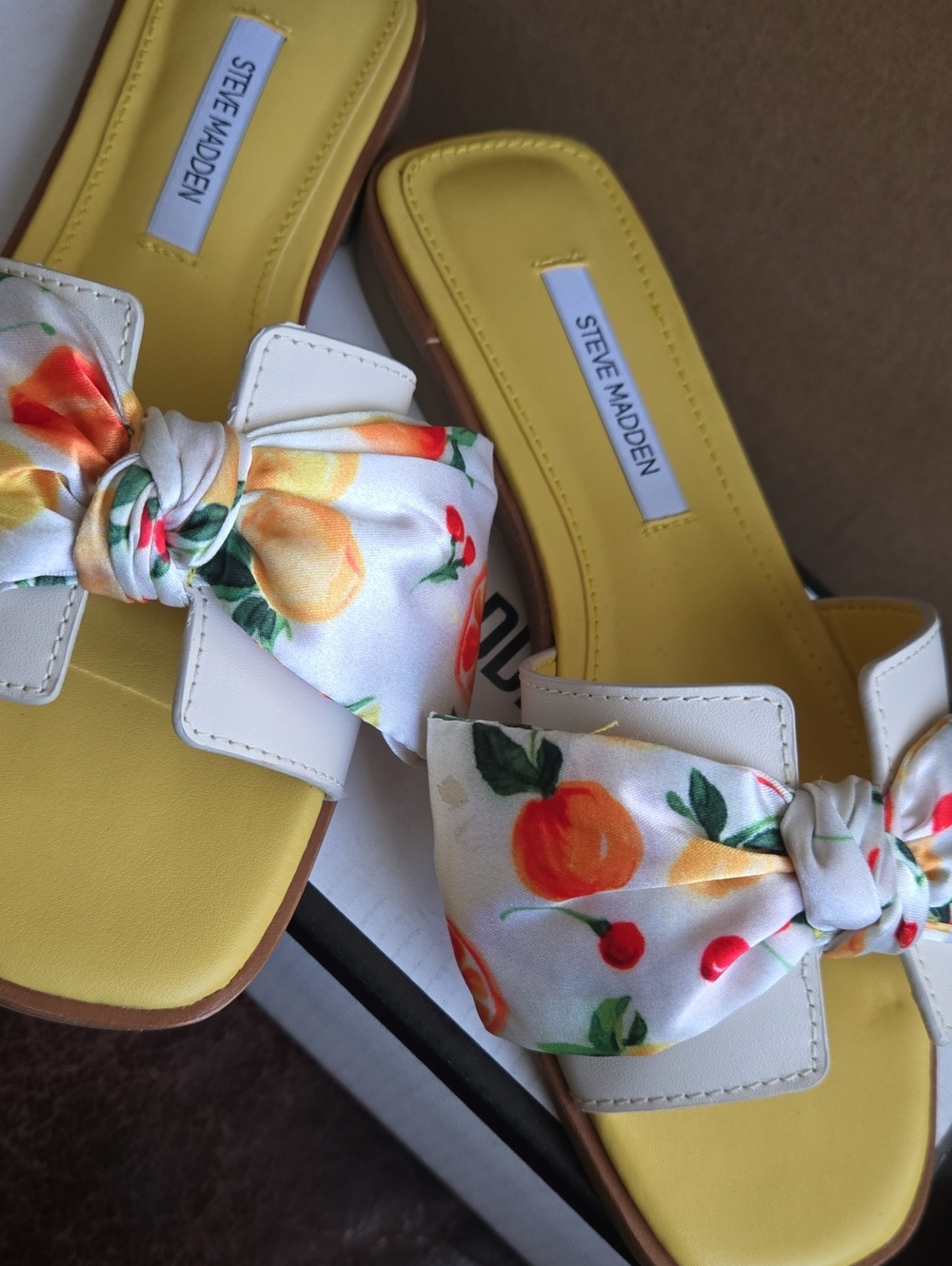 Steve Madden Yellow Footbed White Bow Slide Sandals with Fruit Print